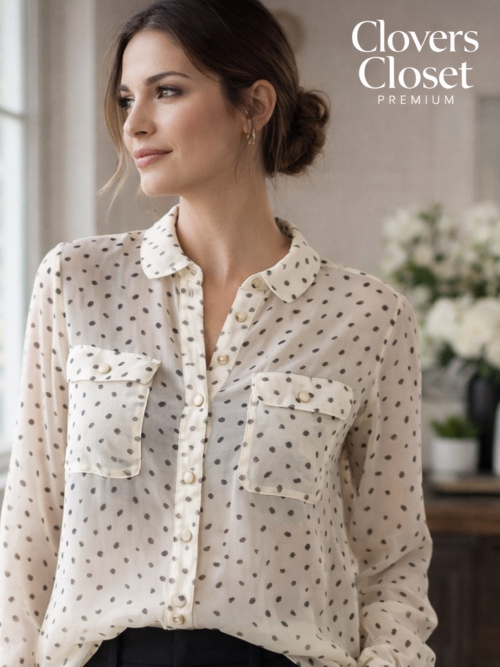 Iris Los Angeles Sheer Polka Dot Blouse XL Cream Button Front